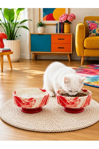 Mama Kabı Kedi Ve Köpek Ayaklı 2 Li Seramik Doğal Mama Ve Su Kabı Kırmızı Marble