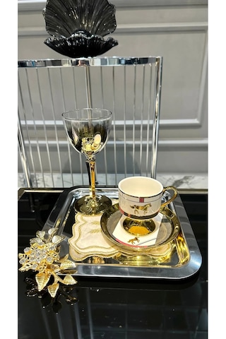 6 Lı Kare Kahve Çay Tek Kişilik Metal Sunum Tepsi Gümüş