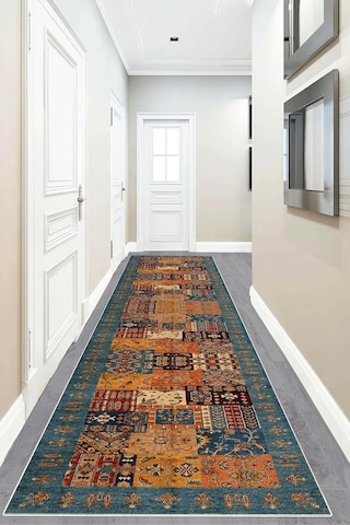Pelangi Kırkyama Patchwork Kilim Desenli Etnik Dijital Baskı Yıkanabilir Modern Salon Halı Ve Yolluk, Kahverengi - M Çok Renkli