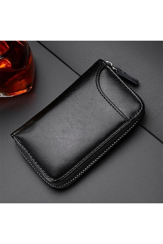 9106 Büyük Kapasiteli Fermuarlı Deri Anahtarlıklı Çanta Çok Fonksiyonlu Cüzdan Siyah