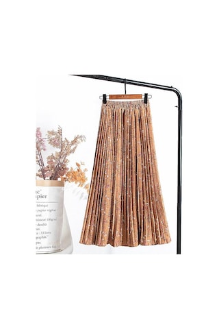 Haki Qooth Yaz Kadın Çiçek Baskılı Pilili Şifon Etek Yüksek Bel Pilili Orta Uzunlukta Elastik Bel Etek Qt807 Haki