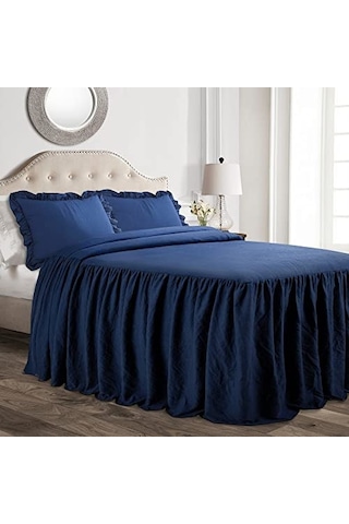 Fırfırlı Etek Yatak Örtüsü, Polyester, Lacivert, Queen Çok Renkli