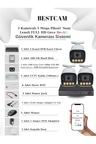 3 Kameralı Set 5 Mp Sony Lensli Full Hd Gece Renkli Set 500gb Hdd