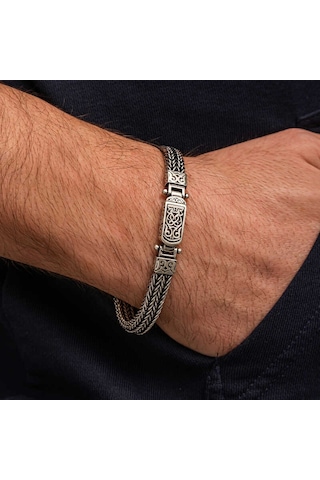 Premium 925 Ayar İthal Gümüş Oksitli Desenli Erkek Bileklik - 19 Cm