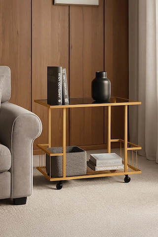 Fuji Yan Sehpa - Tekerlekli Gold Metal Gövdeli Füme Cam Üst Tablalı Yan Sehpa - Servis Sehpası Gold
