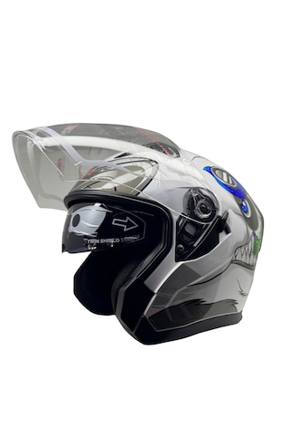 Kask Ls5 Marka Çenesiz Yarım Kask Beyaz - Gri - Mavi