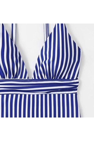 Yaz Monokini V Yaka Askılı Sırtı Açık Tek Parça Bikini Çizgili Baskılı Hızlı Kuruyan Slim Fit Vücut Şekillendirici Monokini Koyu Mavi