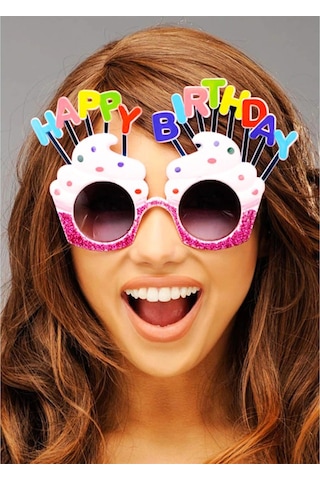 Happy Birthday Yazılı Beyaz Fuşya Renk Parti Gözlüğü 12x7 Cm Yetişkin