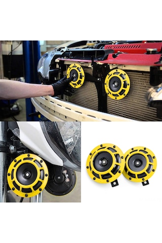 Springsun 12v 115db Demir Çift Tonlu Araba Klinesi, Elektrikli Araçlar/motosikletler İçin, 2 Adet, Sarı Renk, 435hz/335hz Frekansı