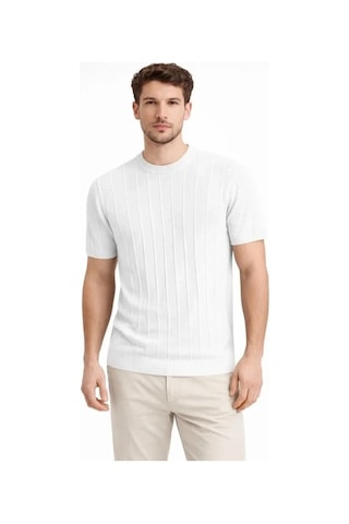 Vexor Erkek Yazlık Fitilli Triko Tişört Kısa Kol Bisiklet Yaka T-shirt - Beyaz