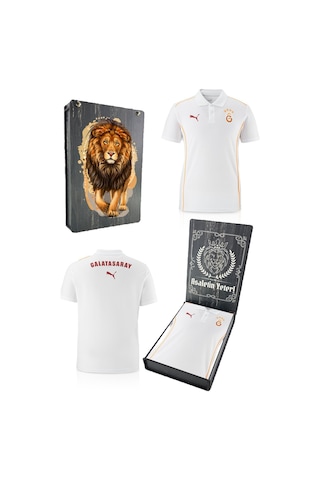 Galatasaray Lisanslı Polo Yaka Beyaz Antrenman T-shirt Gs Aslan Baskılı Hediyelik Ahşap Kutulu Beyaz - Bej