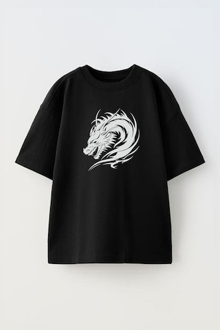 Thewert Unisex Dragon Cizim Japon Ejder Tasarım Baskılı Pamuk Sıyah Oversize T-shirt Siyah