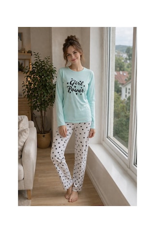 Rindahomewear Kadın Gırl Power Baskılı Süprem Uzun Kol Pijama Takımı Turkuaz