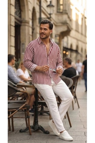 Valensdesign Erkek Dikey Çizgili Yarım Oversize Gömlek Bord