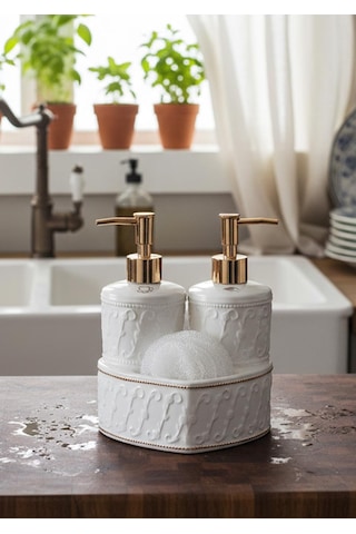 Mundo Porselen Sıvı Sabunluk Seti-2x300 Ml Kalpli Beyaz