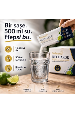 Welsensa Recharge 20 Saşe Elektrolit İçeren İçecek Tozu Doğal Limon & Citrus Aromalı 1 Adet