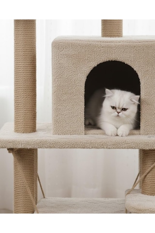 Pet Y01 Kedi Tırmalama Oyun Evi Salıncaklı Yuvalı Lüks Bej