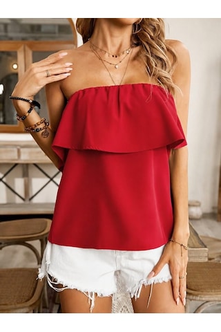 Alyn Wear Kadın Omuzlardan Açık Lastikli Fırfırlı Dubai Bluz Kırmızı