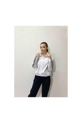 Makentmoda Şeritli Ünisex Beyaz Fermuarlı Kapşonlu Yağmurluk