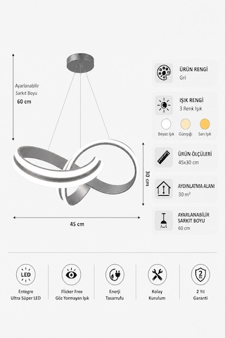 AvizeGO Arona Led Sarkıt Avize 3 Renk Kumandalı Gri
