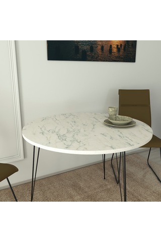 Pasific Home Sandalf Metal Ayaklı Yuvarlak Mutfak Masası Beyaz Mermer