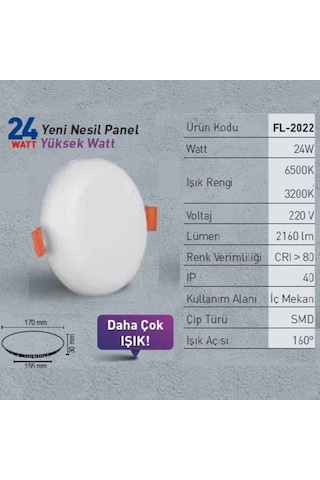 Forlife Yeni Nesil Led Panel 24 W 3000K Gunışığı Işık Fl-2022-G