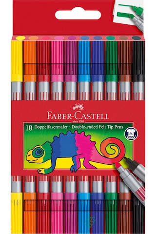 Faber-Castell Çift Taraflı Keçeli Kalem 10 Renk, Kalın ve İnce Uçlu, Canlı Renkler, Su Bazlı Mürekkep
