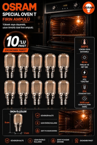 10 Lu Paket 15w E14 Fırın Ampulü 300 C Isıya Dayanıklı Sarı Işık