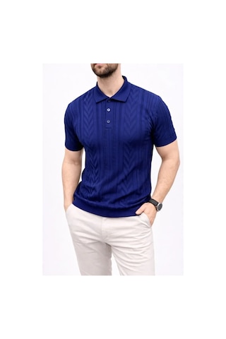 Erkek Yazlık Triko Tişört Kısa Kol Polo Yaka Düğmeli T-shirt - Lacivert