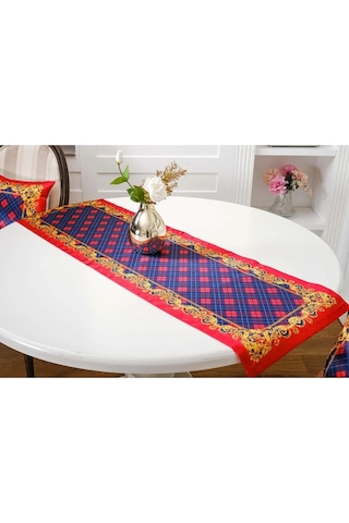 Belize Baskılı Saten Kumaş Kırmızı Siyah Runner Kırlent Set 3 Prç. 135x50 Cm 1378 Kırmızı