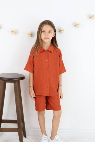 Gömlek Oversize Kız Şort Takım Kremit