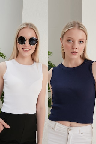 Catspy Kadın Halter Yaka 2'li Crop Bluz Atlet Beyaz - Lacivert