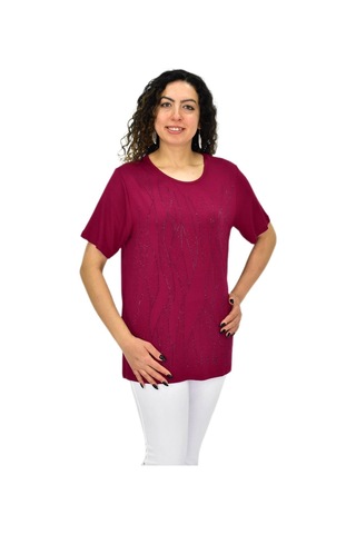 Kadın Viskon Taşlı Kısa Kol Bluz Bgl-st04679 Mürdüm