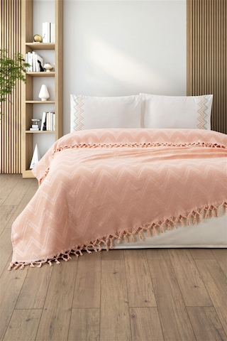 Çift Kişilik Petekli Bağlama Saçaklı Pike Takımı-delfina-pudra Pudra Pudra