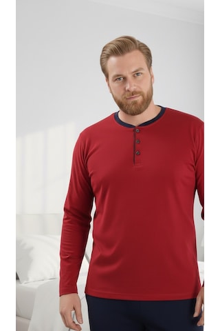 Seamlife Erkek Büyük Beden Bisiklet Yaka 3 Düğmeli Mevsimlik Uzun Kollu Pijama Takımı Kırmızı