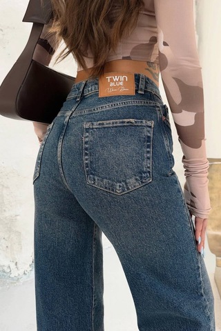 Balenbi Kadın Yüksek Bel Jean Yıkamalı Geniş Paça Palazzo Kot Pantolon 1239 - Premium Seri Mavi 2320