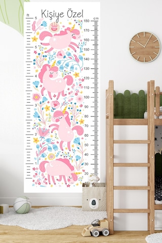 Kişiye Özel Unicorn Temalı Dekoratif Çocuk Boy Ölçer Sticker Duvar Cetveli Takip Çizelgesi Beyaz