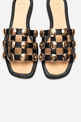Luvishoes Bareon Siyah Cilt Hakiki Deri Bantlı Altın Tokalı Kadın Terlik