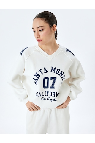 Koton Kolej Baskılı Uzun Kollu Oversize V Yaka Sweatshirt Ekru 5sal10417ık Ekru