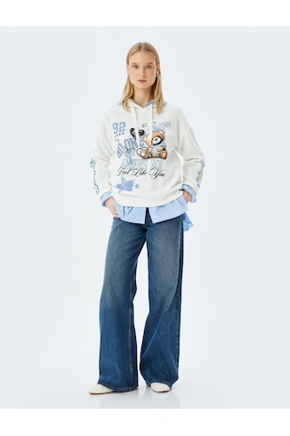 Koton Kolej Baskılı Kapüşonlu Oversize Sweatshirt Ekru 5wal10835ık Ekru
