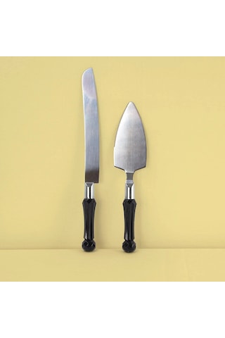 Kristal Saplı Pasta Spatula & Bıçak Servis Seti Siyah Siyah