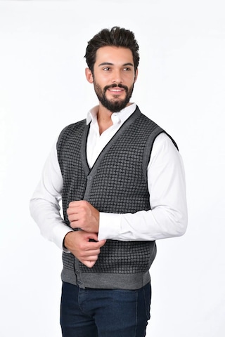 Kamalı Gri Erkek Çelik Örgü Düğmeli Cepli Kazayağı Desen Tüylenmeyen Triko Kışlık Kazak Yelek Gri