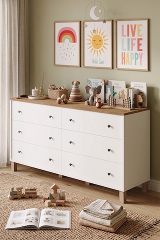 Robin Home Lena Bebek Çocuk Odası Geniş Şifonyer 6 Çekmeceli Ahşap Ayaklı Sepet-beyaz