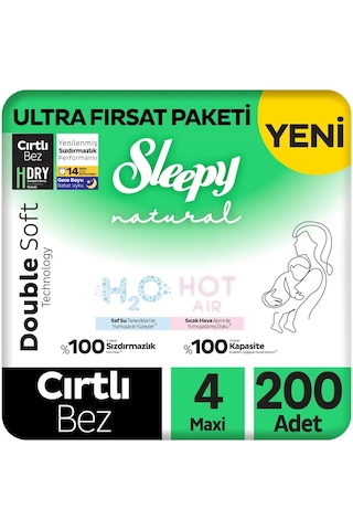 Sleepy Natural Double Soft Ultra Fırsat Paketi Bebek Bezi 4 Numara Maxi 200 Adet