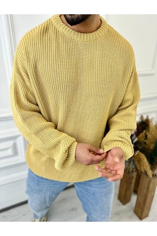 Kazak Oversize Çift Kat Örme Naturel Pamuk Bol Kesim Tüylenmeyen Salaş Triko Kazak Hardal