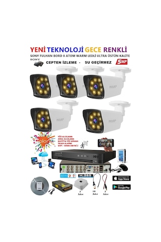 5 Kameralı Gece Renkli 8 Adet Warm Ledli Yeni Nesil 5 Mp Kuruluma Hazır Güvenlik Kamerası Seti