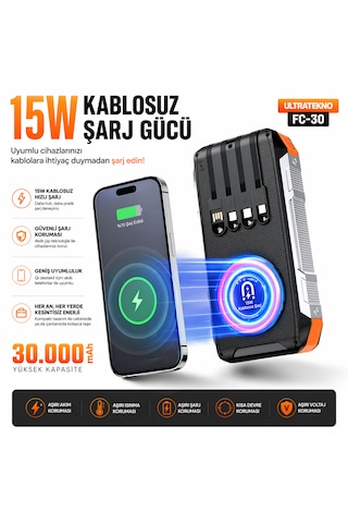 Ultratekno Fc-30 Solar Powerbank 30000 Mah 22.5w Hızlı Şarj 15w Kablosuz Şarj Güneş Panelli Led Fenerli Powerbank Siyah