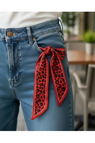 Tarzını Seç Kırmızı Leopar Şeritli Fular Bandana Estascarf 7,5x100cm