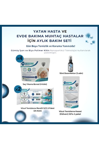 Gümüş İyonlu 1 Aylık Hasta Bakım Seti Vücut Kesesi, 2x Mendil, 4x Saç Bonesi, 50 Ml Dezenfektan