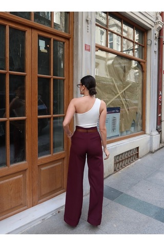 Kechi Woman Double Kumaş Bol Paça Kemerli Pantolon Bordo